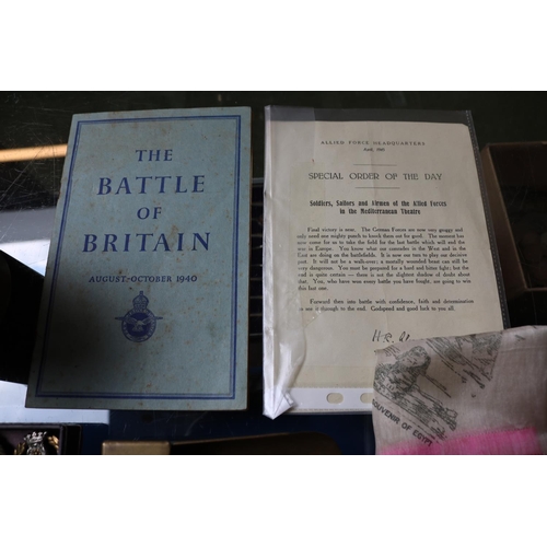 342 - Collection of Military related items inc. RAF and Army; RAF Sweetheart compact, Brass Shell gong, Ba... 