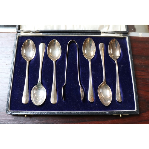 355 - Cased set of Silver & Plated teaspoons and sugar tongs 87g total weight