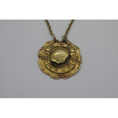 368 - 9ct and Solid Gold marked New York State League 1912 - 13 medallion and chain 17g total weight