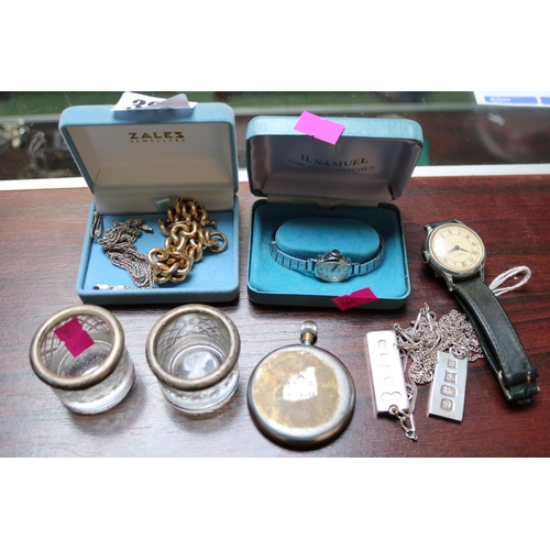 388 - Pair of Silver Ingot Pendants, Gold Plated Bracelet and assorted Watches inc. Military pocket watch