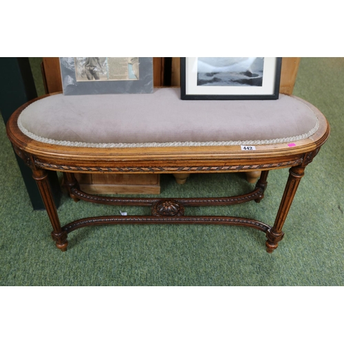 442 - Edwardian Oval upholstered Piano seat with ribbon and fluted legs and and carved cruciform support