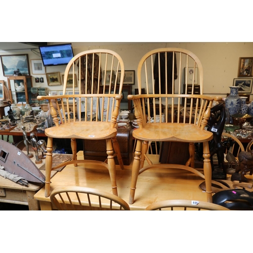 445 - Pair of Good quality Shaker style elbow chairs with carved seat and crinoline stretcher - some damag... 