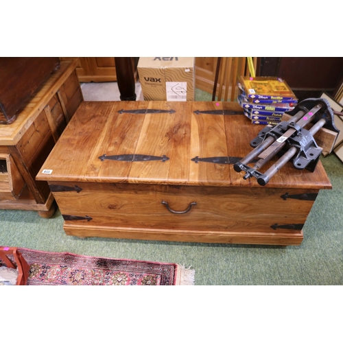 454 - 20thC Hardwood Asian design coffee table with metal corners and drop handles