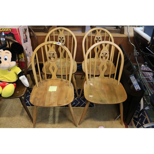 467 - Set of 4 Ercol 1960s Light Elm Windsor dining chairs with embossed marks to base