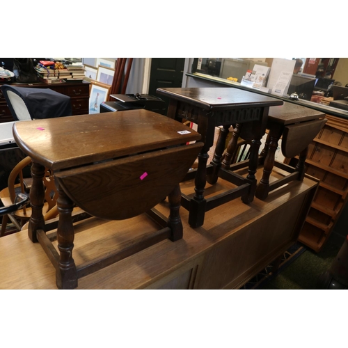 471 - Pair of Oak drop leaf tables with straight supports and a Oak Stool