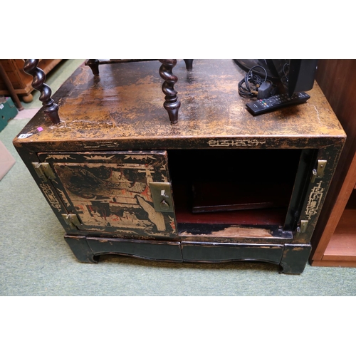 475 - Interesting Chinese Lacquered 2 door cabinet with brass fittings on base with 2 drawers C.1920s