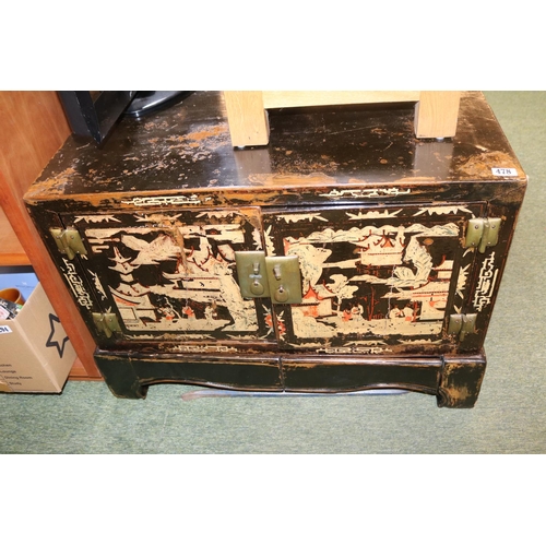 478 - Interesting Chinese Lacquered 2 door cabinet with brass fittings on base with 2 drawers C.1920s