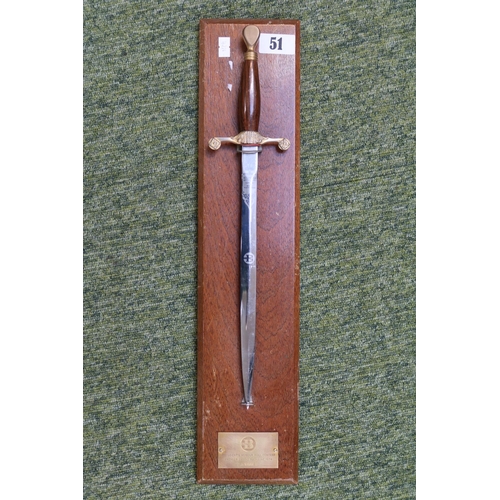 51 - Wilkinson Sword mounted presentation dagger, dedicated to 