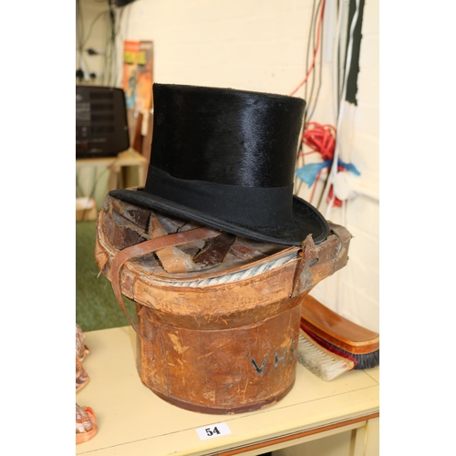 54 - Antique Victorian mole skin top hat by Arthur Shepherd London with origional leather travel hat case... 