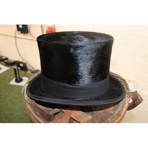 54 - Antique Victorian mole skin top hat by Arthur Shepherd London with origional leather travel hat case... 