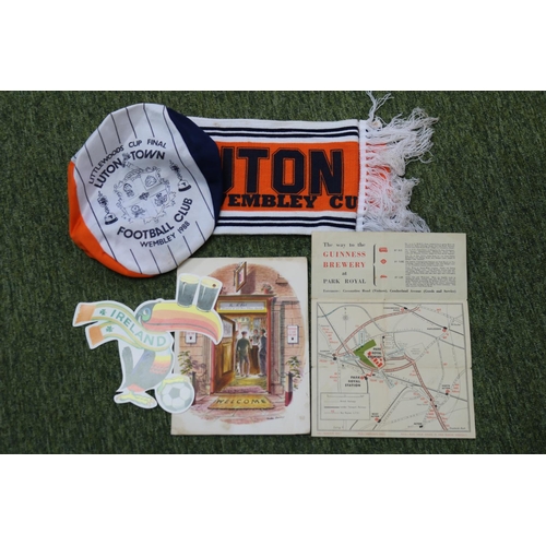 55 - 1988 Luton Town Littlewoods cup final hat and scarf & vintage Guinness factory tour map & poster.