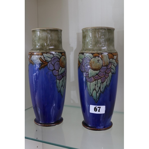 67 - Pair of 1930s Royal Doulton Lambeth Hythe marked tall vases with grape and apple decoration signed M... 