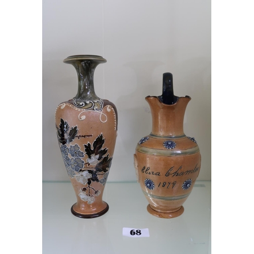 68 - Royal Doulton Lambeth Foliate decorated vase with impressed marks to base and a cameo decorated jug ... 