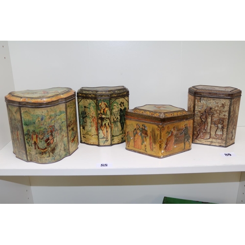 88 - Collection of four antique biscuit tins of varying designs, Huntley & Palmers, Macfarlane, Land & Co... 