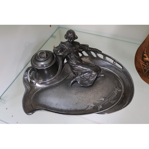 95 - WMF Art Nouveau cast metal ink well depicting reclining girl reading & an Joseph Sankey & Sons Art N... 