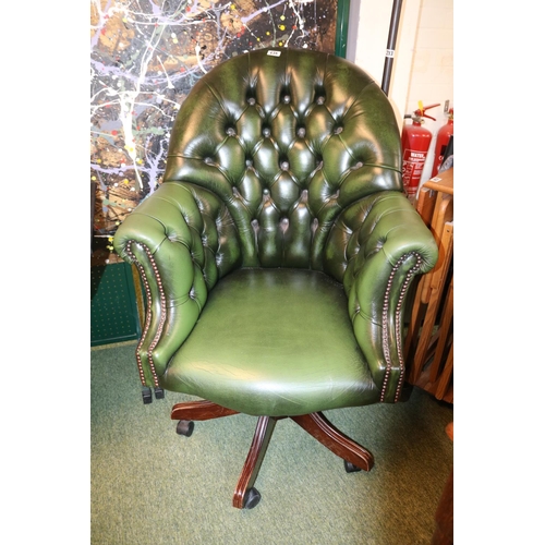 438 - Good quality Green Leather chesterfield button back Elbow chair on swivel base