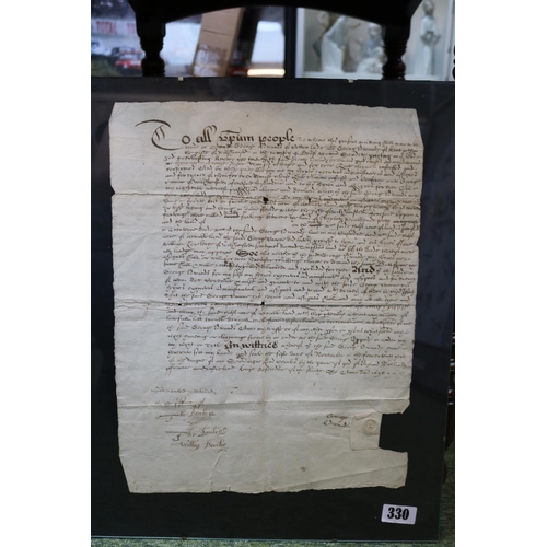 330 - Interesting Framed Document dated 1638 signed William Beeche, Grange Edwards and Thomas Beedie