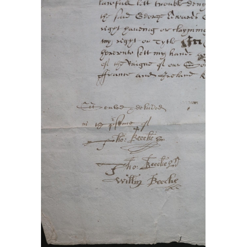 330 - Interesting Framed Document dated 1638 signed William Beeche, Grange Edwards and Thomas Beedie