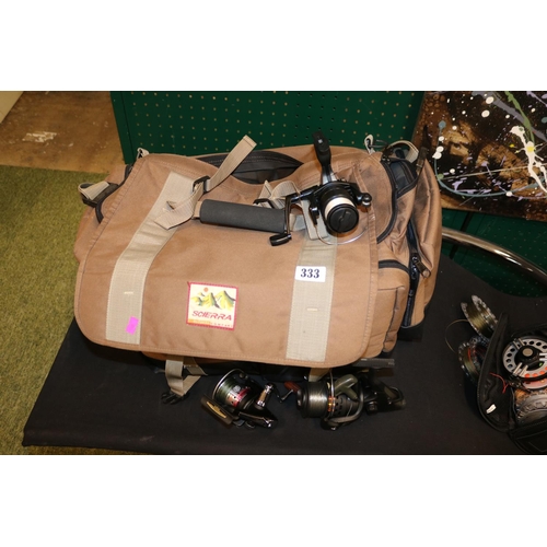 Fly Fishing Sierra Outdoor Boat bag and 3 fixed spool fishing reels to  include Okuma, Daiwa 2500 and