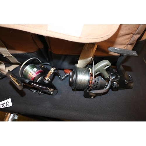 333 - Fly Fishing Sierra Outdoor Boat bag and 3 fixed spool fishing reels to include Okuma, Daiwa 2500 and... 