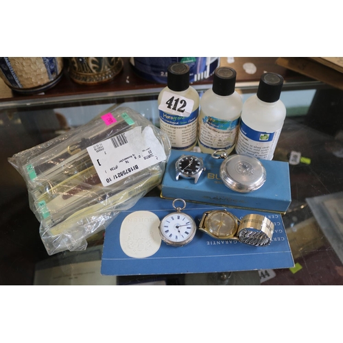 412 - Buren Wristwatch, 2 Silver pocket watches, Timex watch with assorted watch straps and cleaning fluid... 