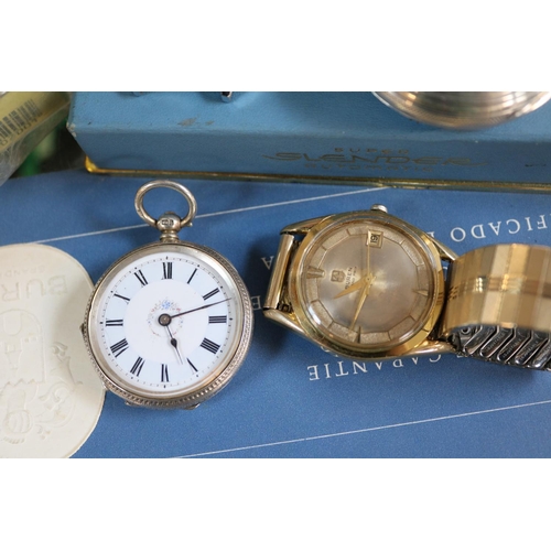 412 - Buren Wristwatch, 2 Silver pocket watches, Timex watch with assorted watch straps and cleaning fluid... 