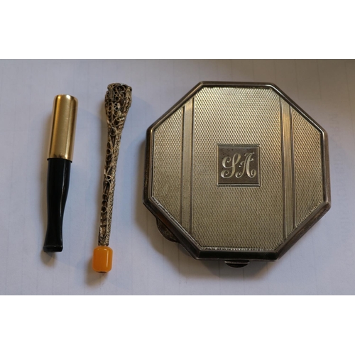 415 - Art Deco Silver Compact with interior mirror with sleeve 87g total weight and cigarette holders