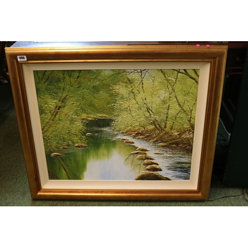 406 - Terry Evans Oil on canvas of a river scene in gilt frame 75 x 60cm with gallery label RRP £995