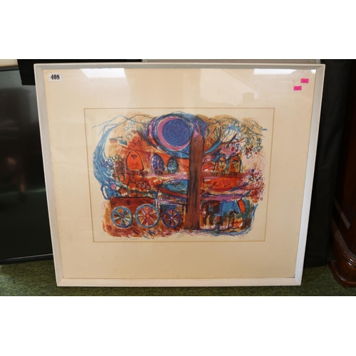 408 - Framed Lithographic print dated 1962 by Williams depicting Owls in trees with horse and cart to fore... 