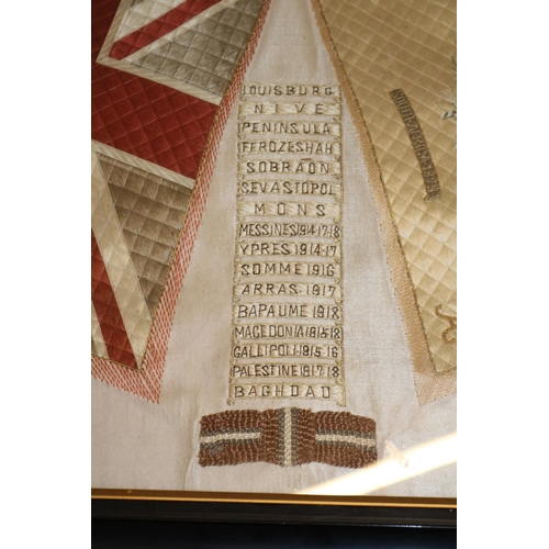 101 - Framed WW1 period Wiltshire regimental embroidery silk depicting Battle honours including Louisburg ... 