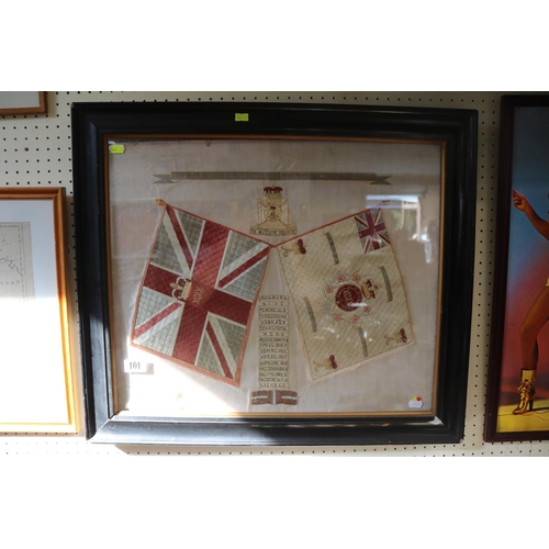101 - Framed WW1 period Wiltshire regimental embroidery silk depicting Battle honours including Louisburg ... 