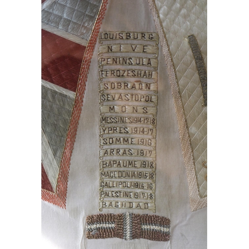 101 - Framed WW1 period Wiltshire regimental embroidery silk depicting Battle honours including Louisburg ... 