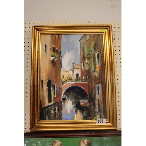 108 - Norman Sims Oil on board of a Venetian canal scene in gilt frame 27 x 36cm