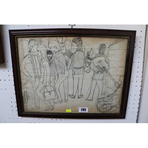 71 - Framed 1960s Pencil Sketch of Mods at Brighton signed GRE dated 1964