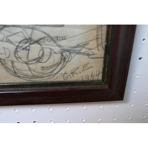 71 - Framed 1960s Pencil Sketch of Mods at Brighton signed GRE dated 1964