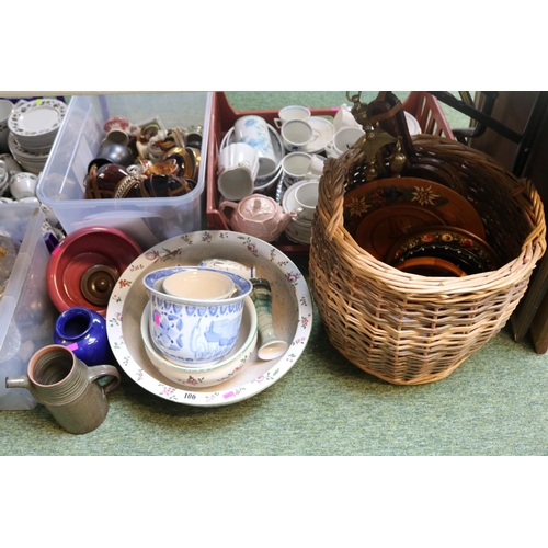 106 - Collection of assorted Pottery, Cane basket, Bellows, Companion set