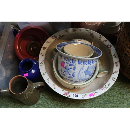 106 - Collection of assorted Pottery, Cane basket, Bellows, Companion set