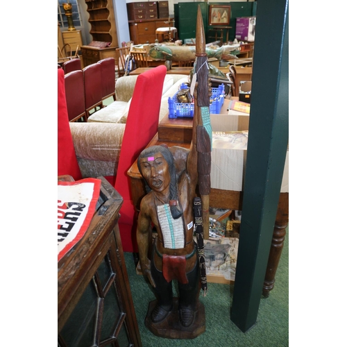 113 - Large Wooden Carved figure of a Native American Indian with spear outstretched and Tomahawk 145cm in... 