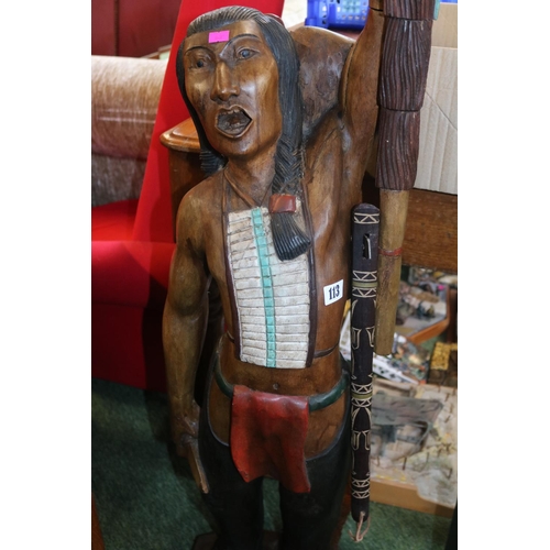 113 - Large Wooden Carved figure of a Native American Indian with spear outstretched and Tomahawk 145cm in... 