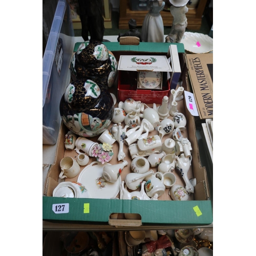 127 - Box of assorted Crested China, Pair of lidded ginger jars with  Geisha decoration