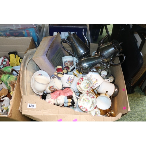 128 - Box of assorted mixed ceramics to include Foley Bone China, 3 Piece Silver plated Tea set etc