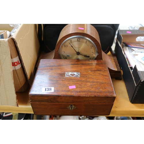 138 - Kendal & Dent of London Mantel clock and a Late 19thC Mother of Pearl inlaid sewing box