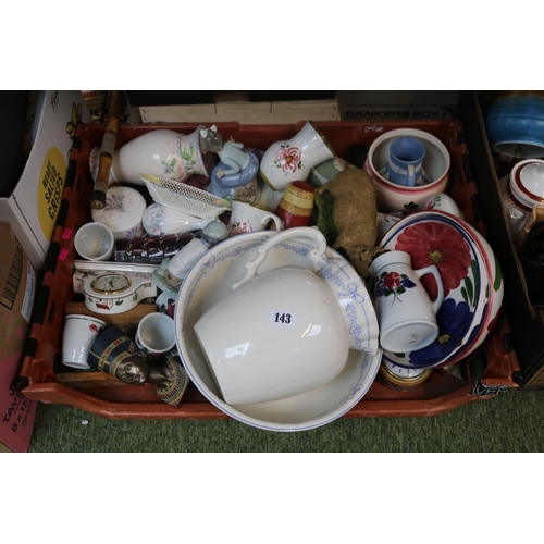 143 - Large Tray of assorted Ceramics, Glassware etc to include Nao, Wedgwood Hunting Scenes clock, Wedgwo... 