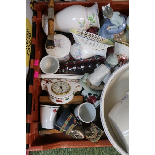 143 - Large Tray of assorted Ceramics, Glassware etc to include Nao, Wedgwood Hunting Scenes clock, Wedgwo... 