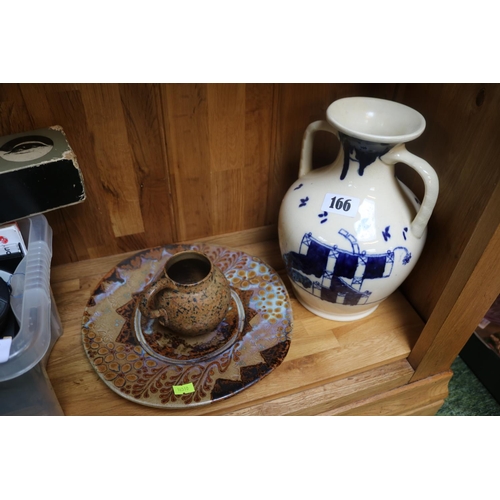 166 - John Calver Studio Pottery Plate, Studio Pottery Mug and a Two Handled Chinese design vase