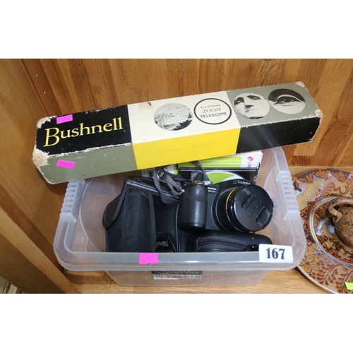 167 - Boxed Bushnell 9 to 30 Power Zoom Telescope, Panasonic Lumix etc