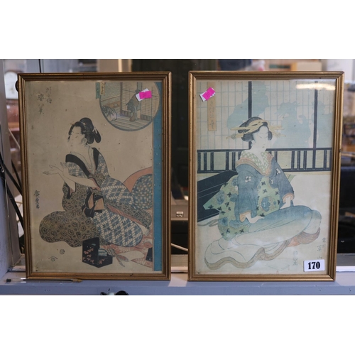 170 - Pair of Japanese Prints Depicting seated Geisha with character marks