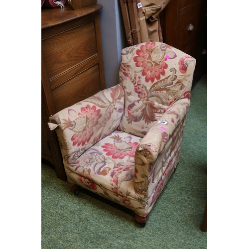 190 - Victorian Upholstered Childs Elbow chair on wooden bun feet and casters