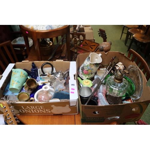 192 - 2 Boxes of assorted Ceramics and glassware to include Oil Lamp with cast iron base, Brentleigh ware,... 