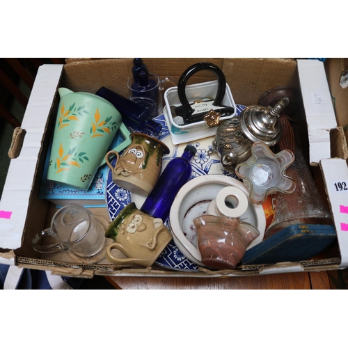 192 - 2 Boxes of assorted Ceramics and glassware to include Oil Lamp with cast iron base, Brentleigh ware,... 